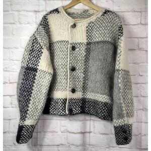 Handmade Knit Cardigan Color Block Retro Alpaca Wool Womens Button Sweater *SEE